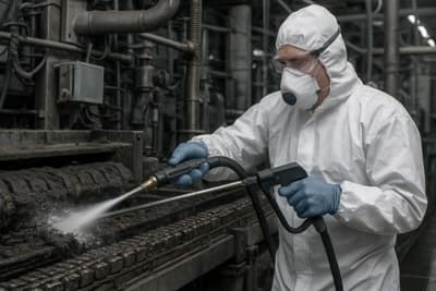 operatore che svolge le pulizie della linea di produzione