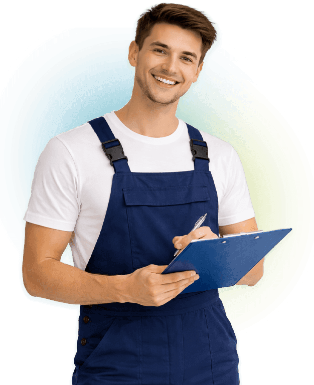 addetto alle pulizie sorridente con cartellina in mano per preventivo