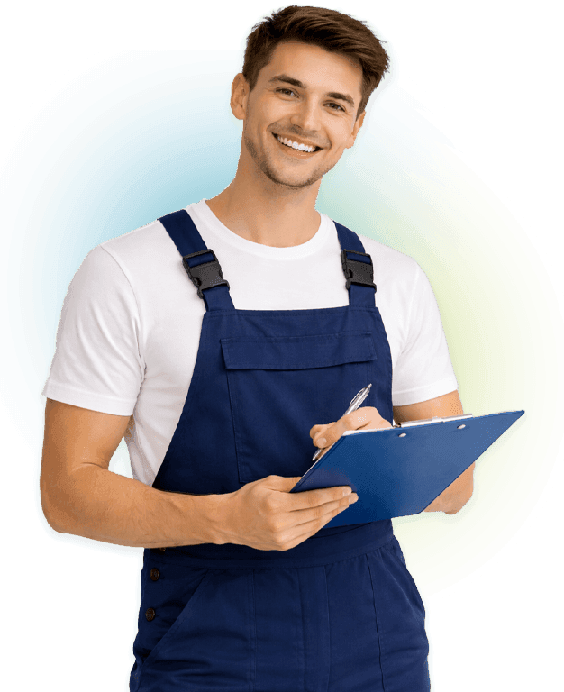 addetto alle pulizie sorridente con cartellina in mano per preventivo